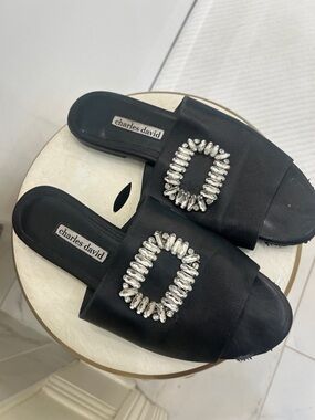 Charles David Black Slide Sandals with Silver Crystal Buckle